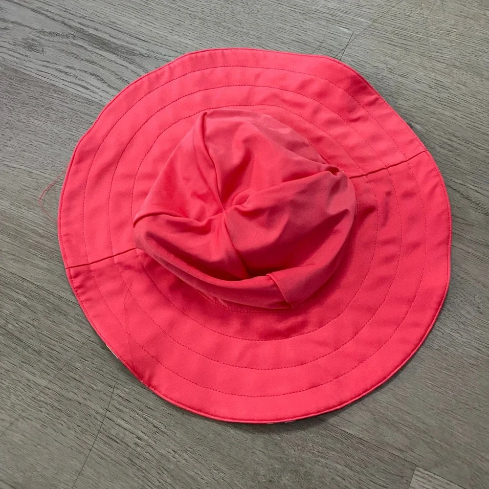 Sun Hat Kids OS Navy White Gingham Cherry Print Reversible Neon Pink